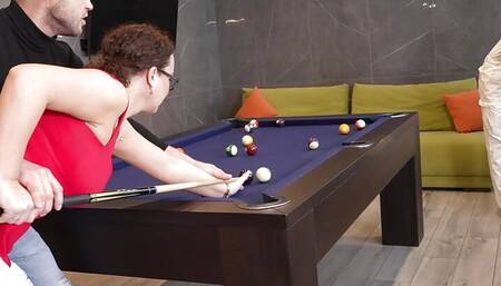 Two Leggy Blondes Are Chatting Prettily While Their Boyfriends Fuck a MILF in the Ass on a Billiard Table!