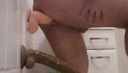Turkish boy in red lingerie fucks with 2 dildos