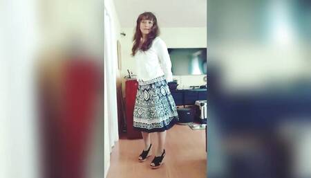 Modeling White Blouse Retro Skirt Showing Legs Stockings Garter Halfslip Panty