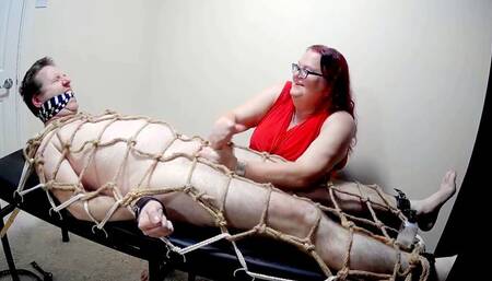 Man endures long edging and post orgasm torment on milking bench from Miss M