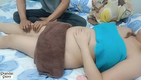 Massaging a tired beautiful stepmom