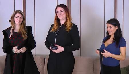 A strip panty hoes game in the living room with three ladies