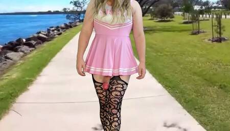 Cheerleader crossdresser public flashing