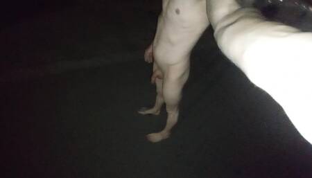 Tiny dick boy walking naked on the street almost caught