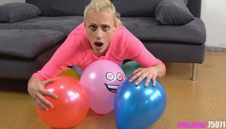 Watch Brittany inflate and pop colorful balloons in a playful and thrilling display! (4K quality)