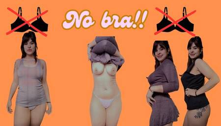 Trying on oversized clothes, without a bra ????