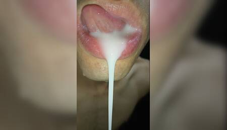 Cum in my mouth, play with your cum, and swallow it, close-up, naughty gay, tongue, sloopy