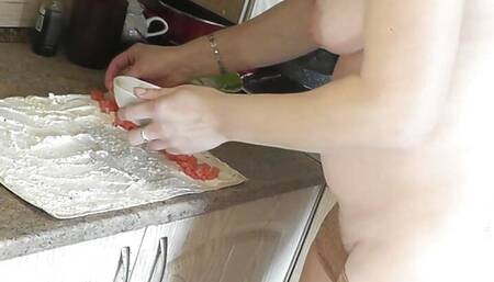 Nude Cooking. Naked beautiful sexy Milf in kitchen continues to cook. Natural tits. Ass. Pussy. Solo MILF. Handjob. Naked Woman