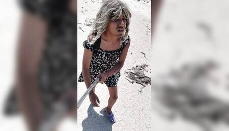 ladyboy slut walks in public wearing mini skirt high heels cute legs and plug in ass very hot