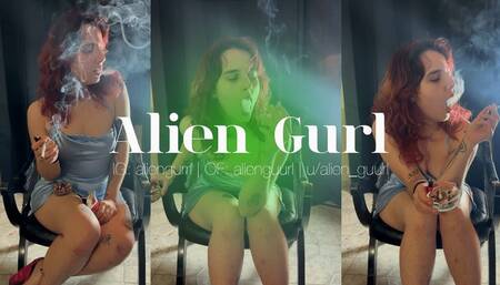 Sexy Baby Blue Satin Dress & Cork Cigarette Smoking | Alien Girl