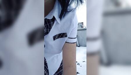 Flashing tits and hairy pussy on rooftop