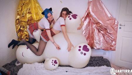 Q1008 Stashia playfully pops Cosette's inflatable Teddy Bear many times - 480p