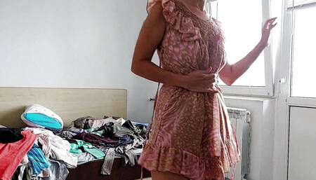 Sexy brunette tries on tights, hairy pussy, big ass, big tits. Hairy pussy amateur wife, big tits, big nipples, big ass