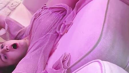 Loud moaning Sex with horny neighbor wife in high heels on the sofa. Without condom and creampied