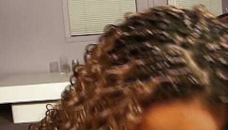 Ebony chick with curly hair blows and rides a white man with big dick POV style