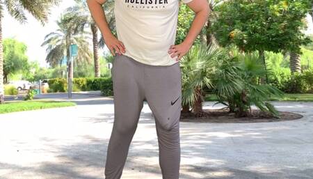 Monster cock in grey sweatpants public flash cum