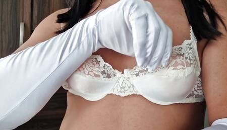 White Lace Bra and Satin Gloves