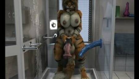 Futa tiger playing dildo in restroom HD by h0rs3