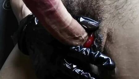 hot guy dances and massages his big hard cock with lube in gloves and jerks off hard