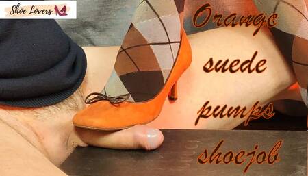 Orange suede pumps and diamond tights cock crush shoejob bgm