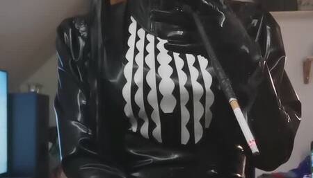 smoking wearing latex mask and dress pony pigtail latex