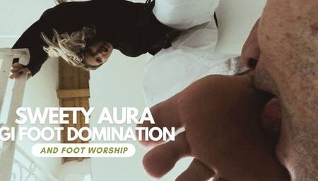 Sweety Aura gi foot domination and foot worship on the stairs