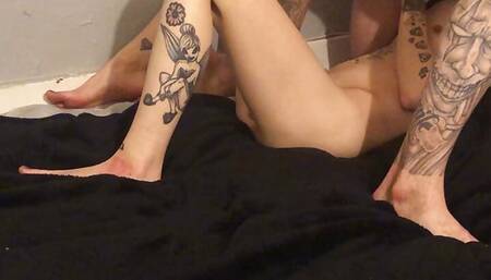 Petite oiled up tatted blonde gets oiled up and pussy licked and her face fucked 2of3