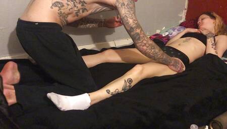 Petite blonde gets tatted body oiled up 1of3