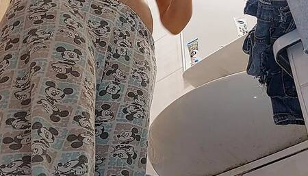 Sexy brunette tries on clothes in the fitting room. I spy on a hairy mom, hairy pussy, big tits, big ass.