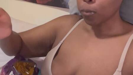 Yummy nachos stuffing and Autovomit puking into bowl