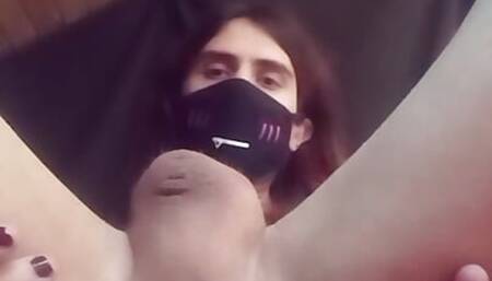 Playing with big clear plug and cumming