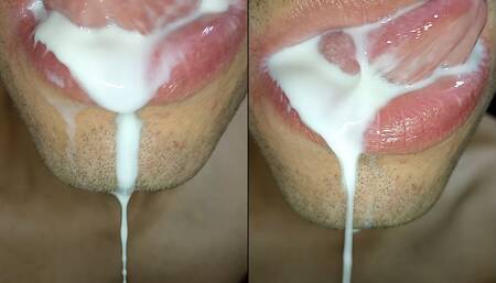 Cum in my mouth, play with your cum, and swallow it, close-up, naughty gay, tongue, sloopy, hot and submissive trans