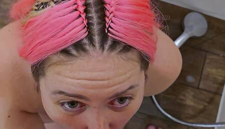 Pink Hair German Step-sister Give POV Blowjob to Boy After Caught in Shower