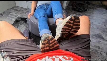 cock trampling with cute Nike butane and happy end over her shoes