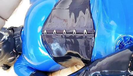 OnlyFans teaser - Anal toys in blue latex catsuit with red integrated vaginal and anal condoms!