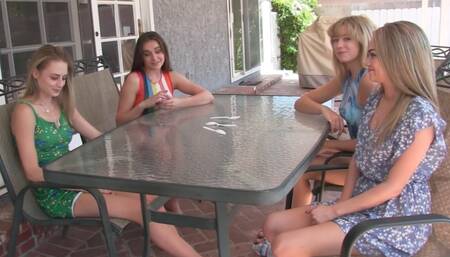 All four girls jump on his hard dick in turns