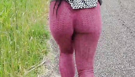 Ebony with Big Ass in Leggings Running Alone in the Forest