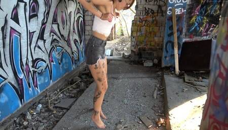 Kiberly and her extreme barefoot performance in an abandoned warehouse