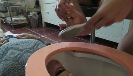Toilet Trash for Pedicures and Spit - Madame Carla Degrades Her Old Slave as A Pedicure Slave and Spitton