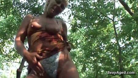Hairy pussy granny fucked in the woods