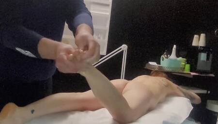 the masseur rubs oils into the body of his sexy wife he decided to fuck her pussy, then she started pegging his ass till cumshot