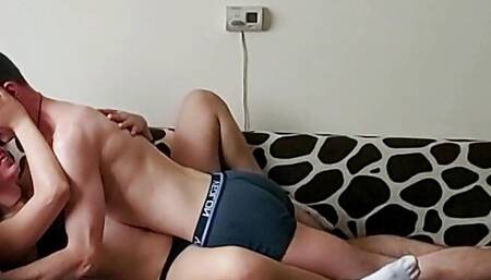 I'm playing with his cock and I make him cum