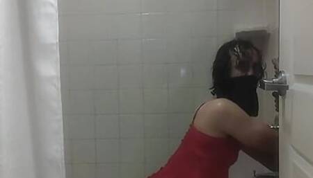 Crossdresser Outfit Try-On in Shower tub grinding and dry humping