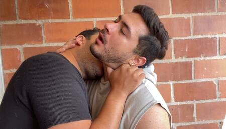 Stepfather and stepson fuck hard and bareback on the terrace of the house hidden from their stepmom with a view of the city