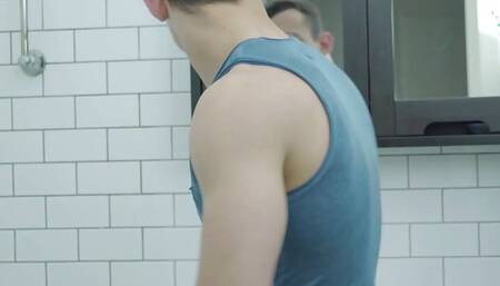 Skinny Brunette Luke A Strokes His Hard Cock On The Shower!