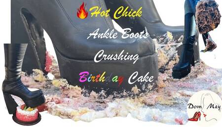 Dom May with Ankle Boots Crushing Birthday Cake for Her Slave
