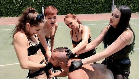 Pegging strap-on gangbang on tennis court with 4 Dommes - [FHD MOV] | Black Nymphe, Lady Perse, Lady Fatale, Miss Medea