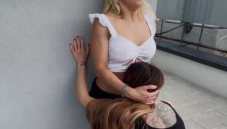Sexy Lesbians Kissing Each Others Belly on the Roof