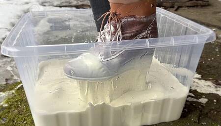 Wedges Boots stuck in Non-Newtonian Fluid, Wedges Boots Messy and Wet, Boots Stuck in Fluid