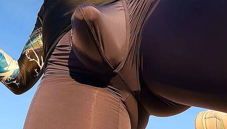 Fitness instructor in tight spandex gets erect while stretching (precum)